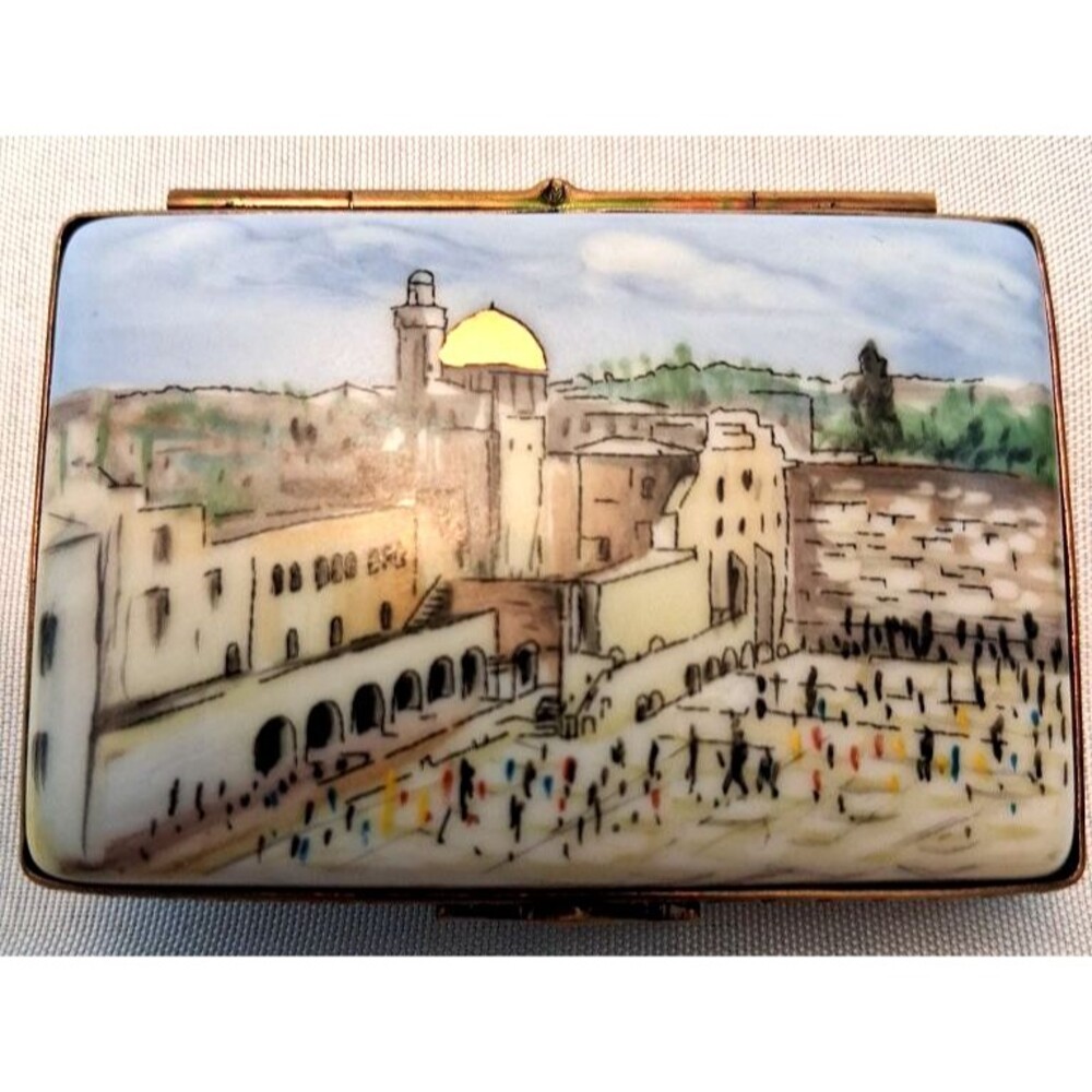 Vintage Limoges France Peint Main Trinket Box Greetings From Jerusalem Israel